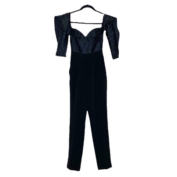 Self-Portrait Midnight Off Shoulder Jacquard Crepe Jumpsuit in Black Size US 0 - Picture 3 of 10